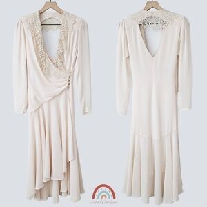 Vintage J.Harris 80s Wrap Lace Chiffon Pearls Romantic Long Sleeve Midi Dress